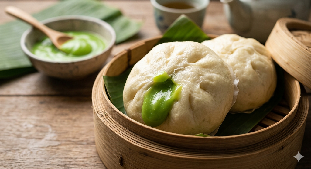 Steamed pandan custard bun