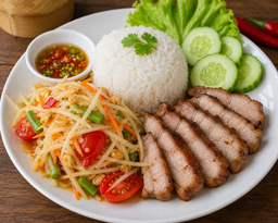 Papaya or Fruit Salad with Rice and Meat